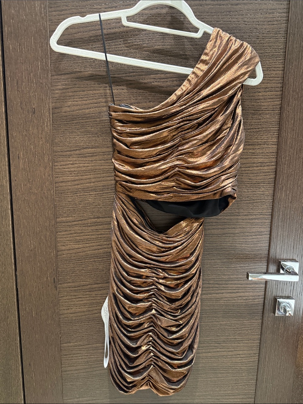 One-Shoulder Metallic Copper Ruched Dress - Picture 5 of 5